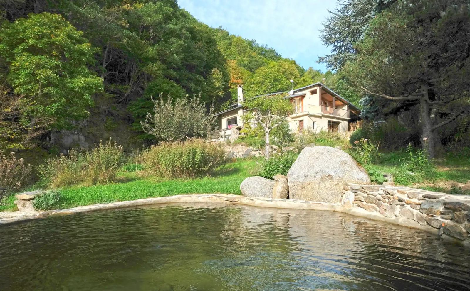 Le bassin naturel et la maison dans la verdure